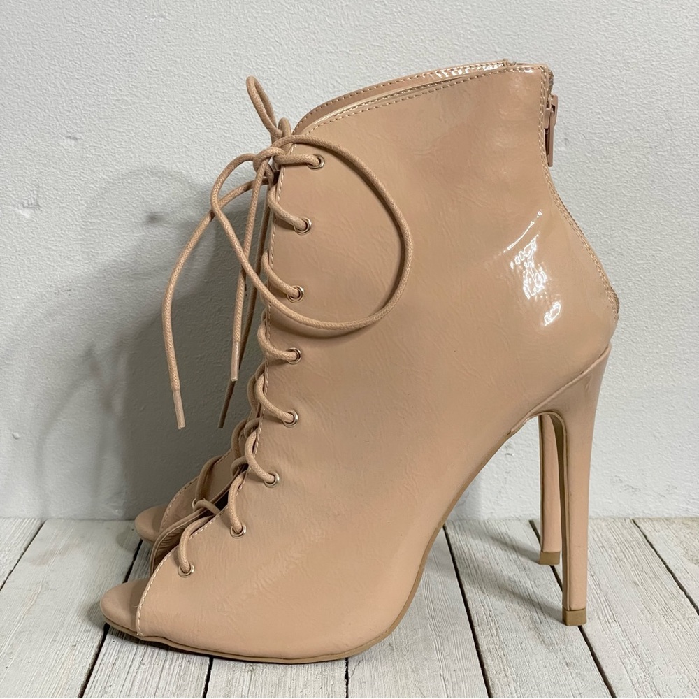 Miley Faux Patent Leather Lace Up Open Toe Stiletto Ankle Boots